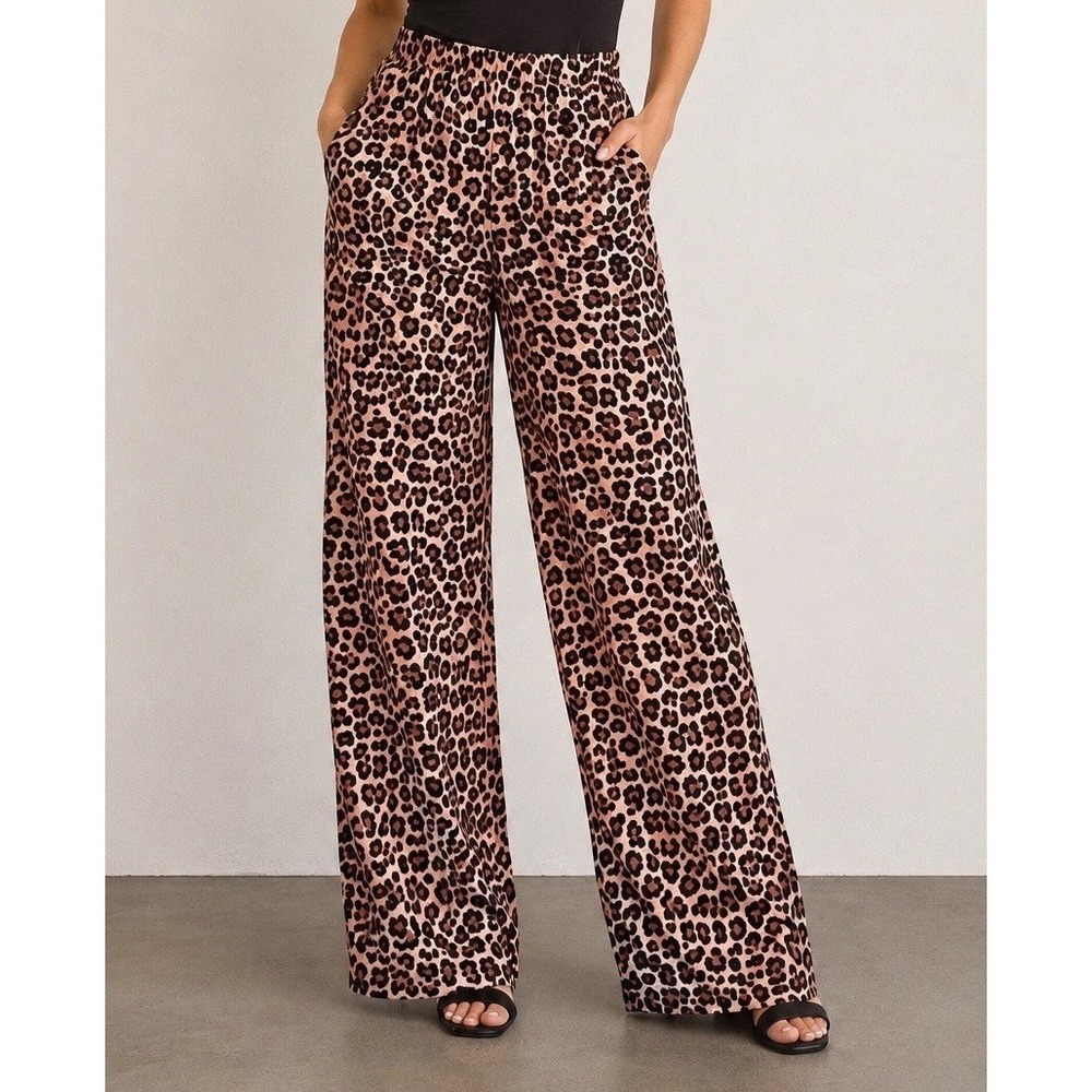 SHEIN Leopard Print Wide Leg Pants Womens L Elastic Waist Lounge Palazzo Boho